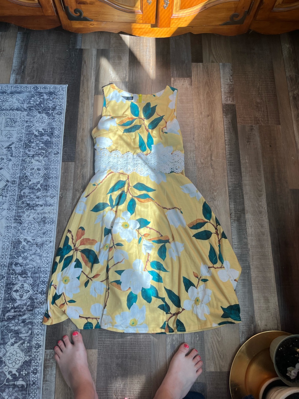 SHEIN Yellow Floral Lace-Waist Sundress